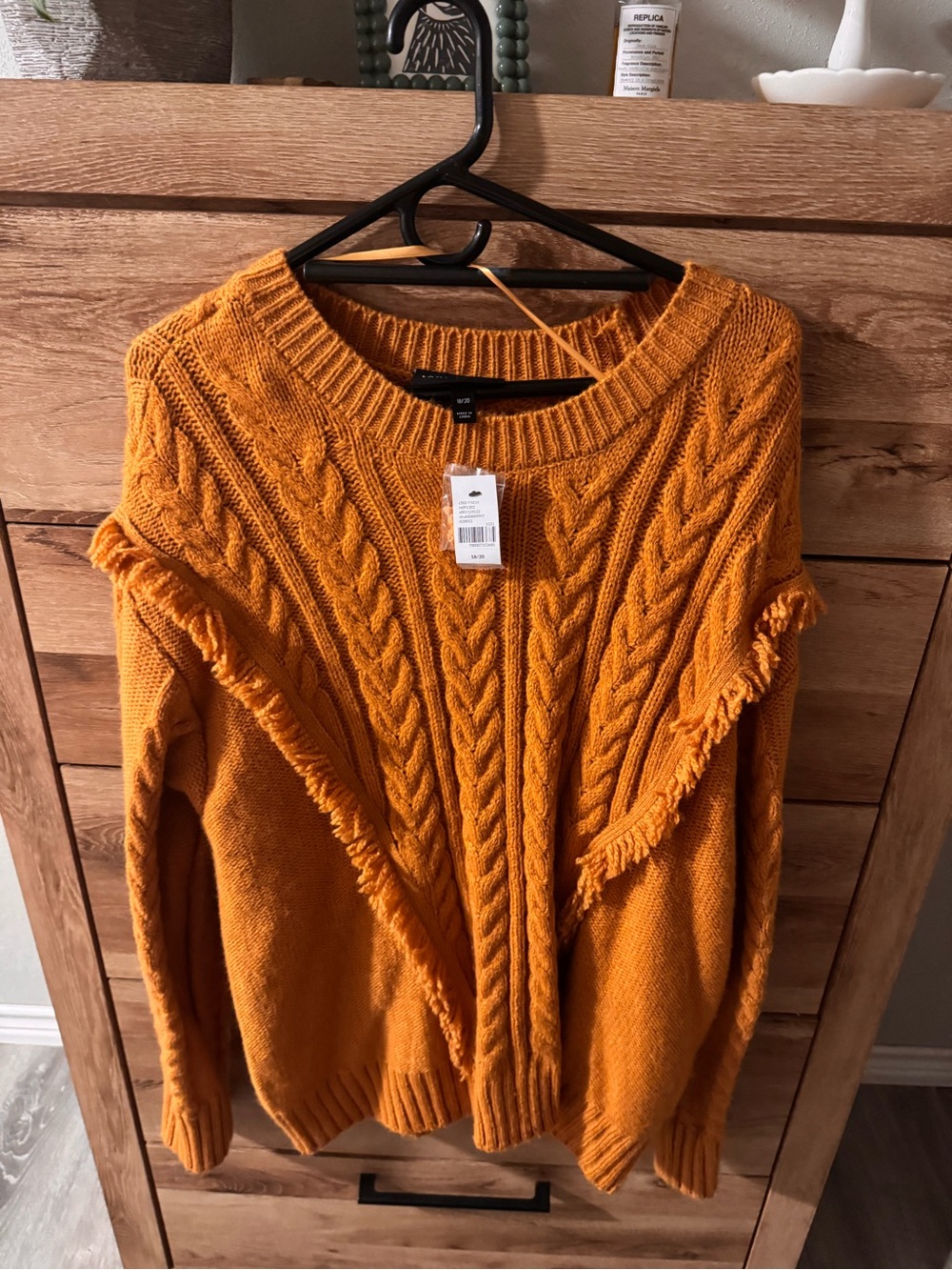 Lane Bryant Mustard Cable-Knit Fringe Crewneck Sweater